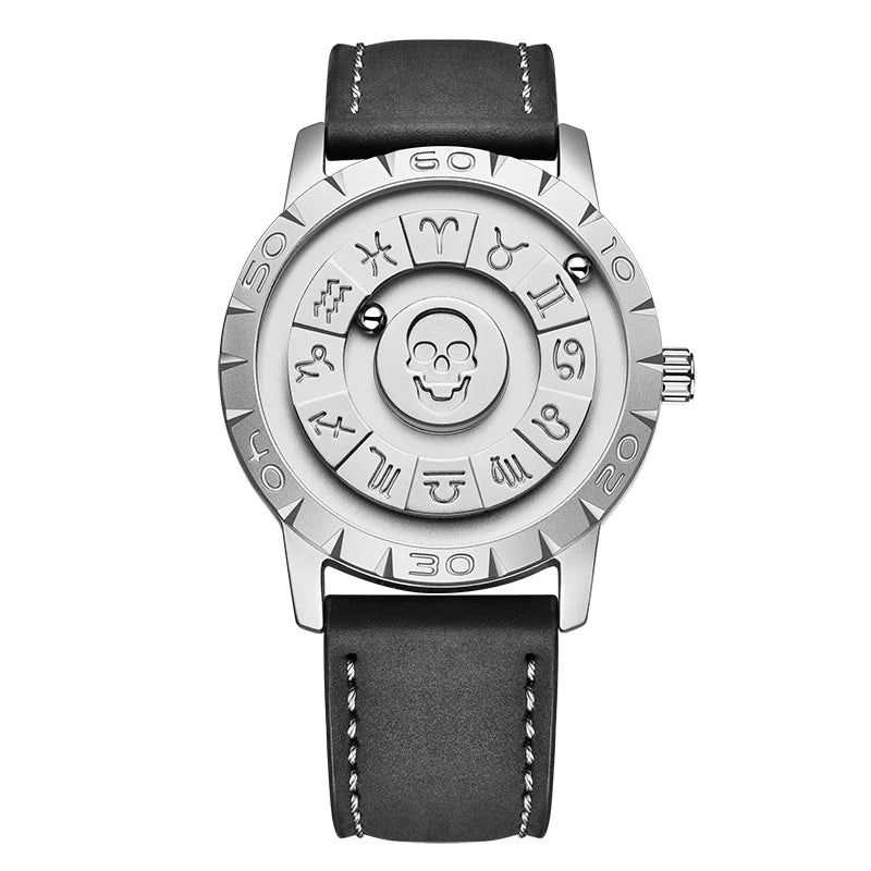 LIGE FOXBOX Unique Design Quartz Man Watch Simple Fashion Leather Belt Casual Sports Magnetic Srolling Beads Skull Men's Watches