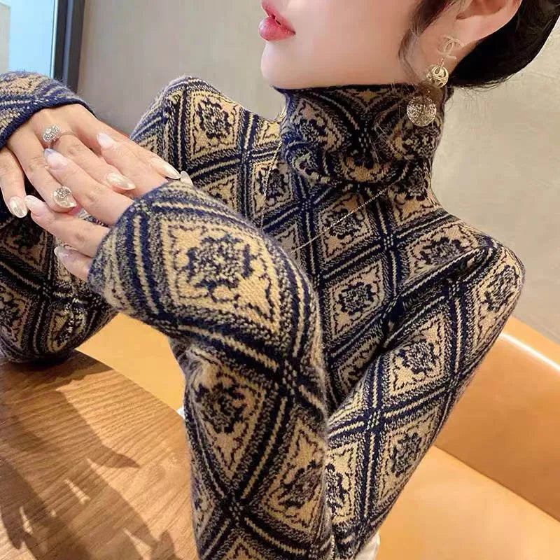 Frauen Kleidung Mode Rollkragen Argyle Stricken Pullover Herbst Winter Elegante Chic Schlanke Langarm Pullover Büro Dame Y2K Top