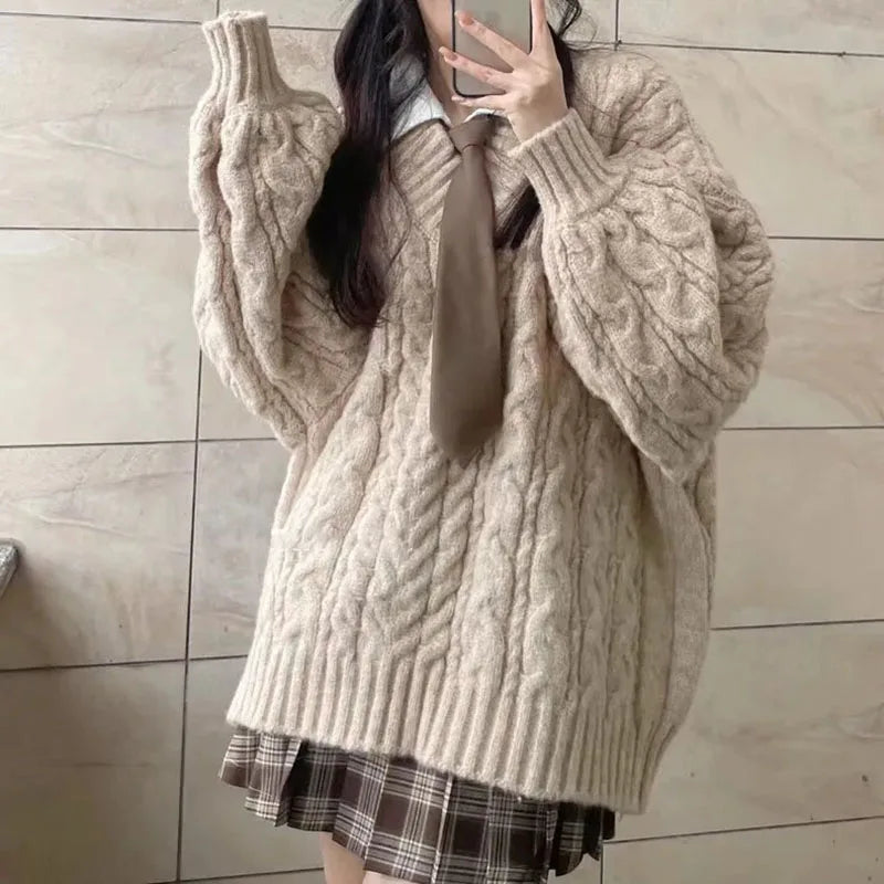 Herbst Winter Frauen Pullover Harajuku Übergroßen Gestrickte Pullover Koreanische Langarm V-ausschnitt Strickwaren Preppy Solide Lose Jumper