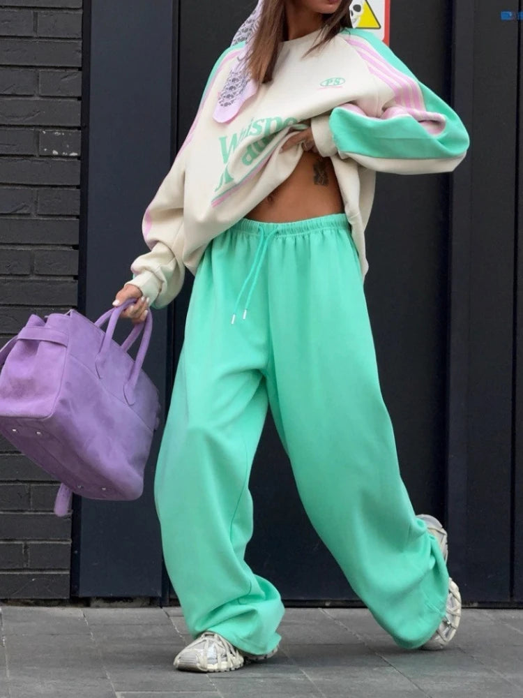 European American 2025, Neuankömmling Damen-Anzug-Set, hochwertiger Herbst- und Winter-Hoodie mit Farbblock-Hose, zweiteiliges Outfit