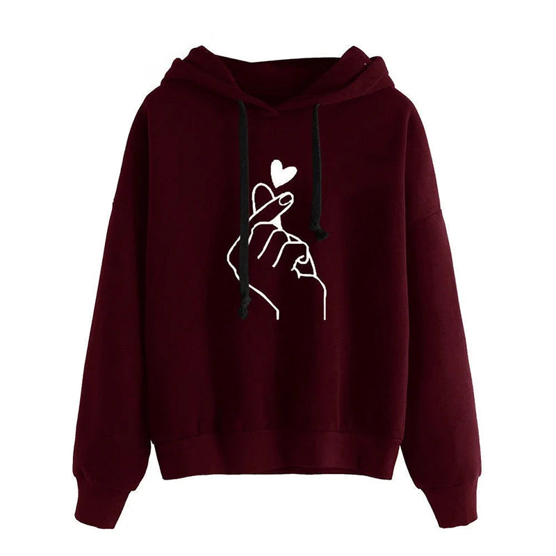 Herbst Fleece Hoodie Einfarbig Finger Herz Mit Kapuze Koreanische Mode Sweatshirts Langarm Top Kordelzug Taschen Lose Hoodies
