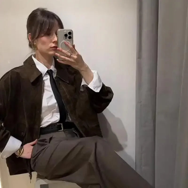Retro-Jacke, modisch, Frühling und Herbst, lässig, lockere Tasche, langärmelig, trendig, cool, vielseitig, hochwertige Damen-Kurzjacke