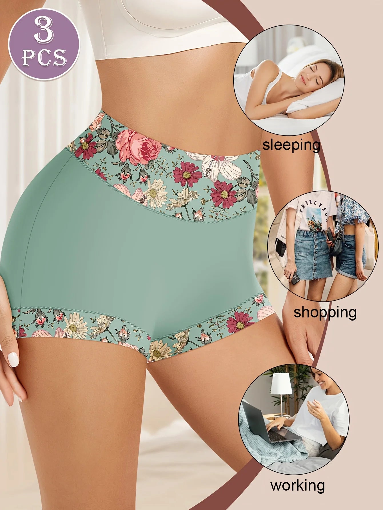 3pcs Plus Size High-Waist Shapewear Panties for Women - Tummy Control & Butt Lift, Comfort Fit with Elegant Floral Print.