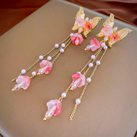 Pink Butterfly Earrings With Long Tassel Sparkly Zircon Crystal Imitation Pearl Beads Earrings Light Luxury Party Ear Jewelry.