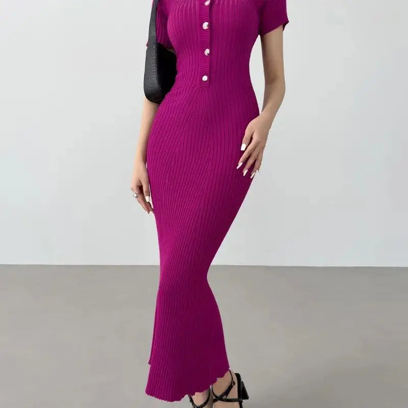 OCEANLOVE Meerjungfrau Rüschen Kleider für Frauen Gestrickte Solide Einreiher Sexy Vestidos Mujer Mode Frühjahr Sommer Langes Kleid