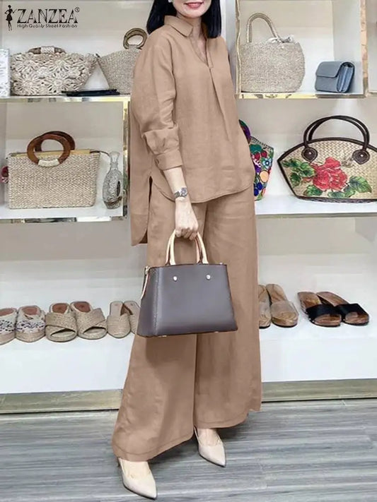 ZANZEA Fashion Women Casual Trousers Suits 2PCS Autumn Long Sleeve Blouse Solid Wide Leg Pants Sets Loose Work Tracksuit Outifit.