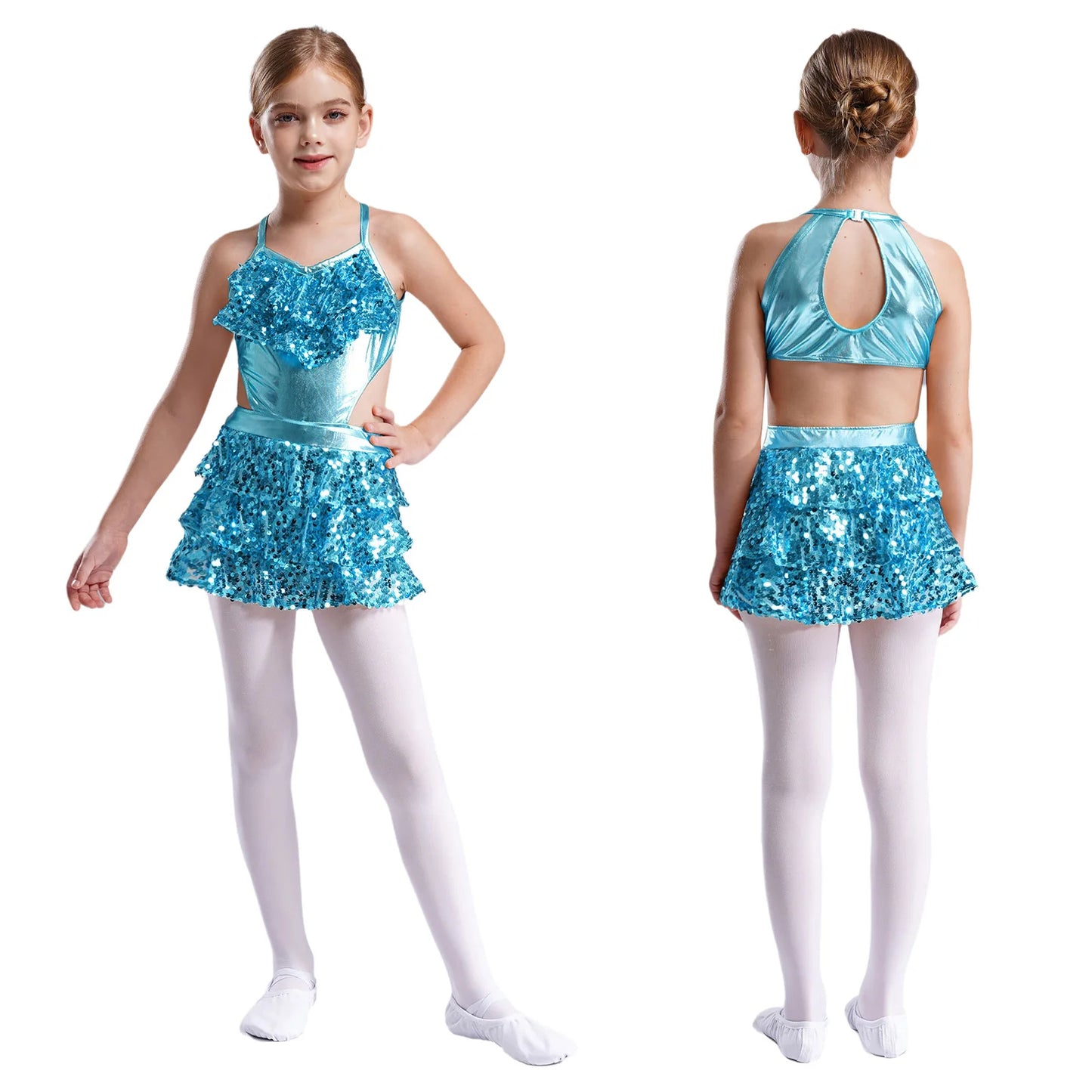 Kinder Mädchen Pailletten Jazz Ballett Tanzkleid Ärmellos Ausschnitt Tiered Rüschen Trikot Salsa Samba Rumba Skating Performance Kostüm