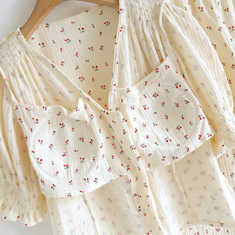 Damen Pyjama Nachtwäsche Baumwolle Nachtwäsche für Frau Sommer mit Brust polstern zweiteilige Blumen Pyjama-Sets Geschenk weiblich