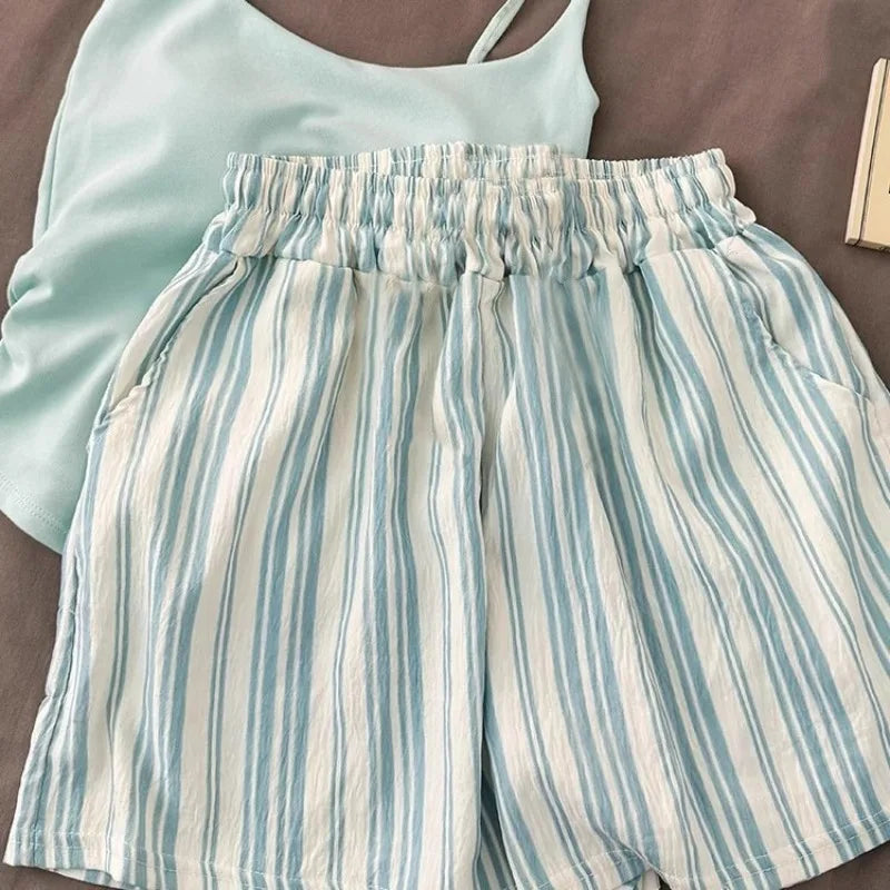 Einfarbiger Pyjama mit Brustpolstern, gestreifte Shorts für Damen, Sommer, dünne Leibchen-Shorts, Loungewear, großer Pyjama, zweiteiliges Set