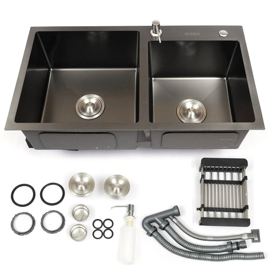 Black King Edelstahl Doppelschüssel Küchenspüle Inset Korb Abtropffläche Seifenspender