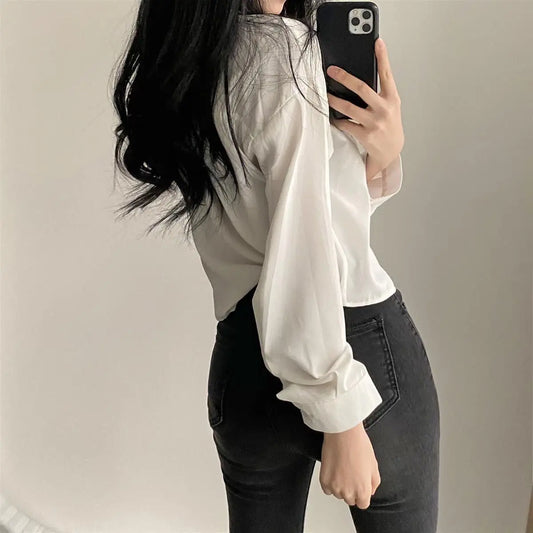 Long Sleeved Shirt And Blouse Simple Single Breasted Loose Casual Solid OL Trend Short Top Simple Elegant Fashion Women Clothes.
