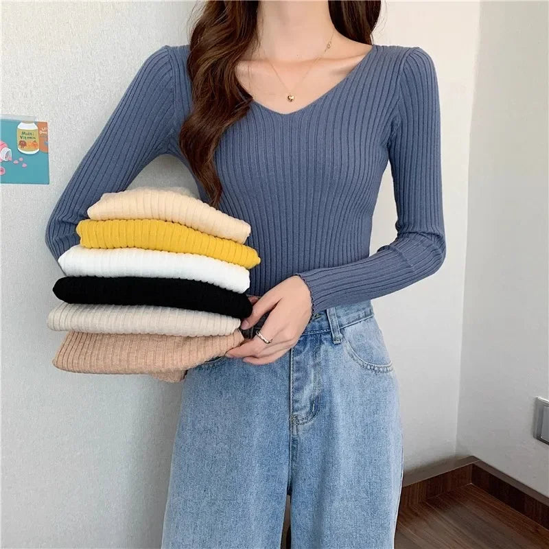 2025 einfarbig Schlank Pullover Koreanische Herbst Winter V-ausschnitt Pullover Mode Lässig Langarm Gestrickte Pullover Frauen Kleidung