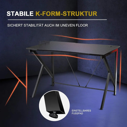Spieltisch k-förmiger Computer tisch PC-Tisch Schreibtisch mit Getränke halter, Kopfhörer haken und Video regal 115x73 cm