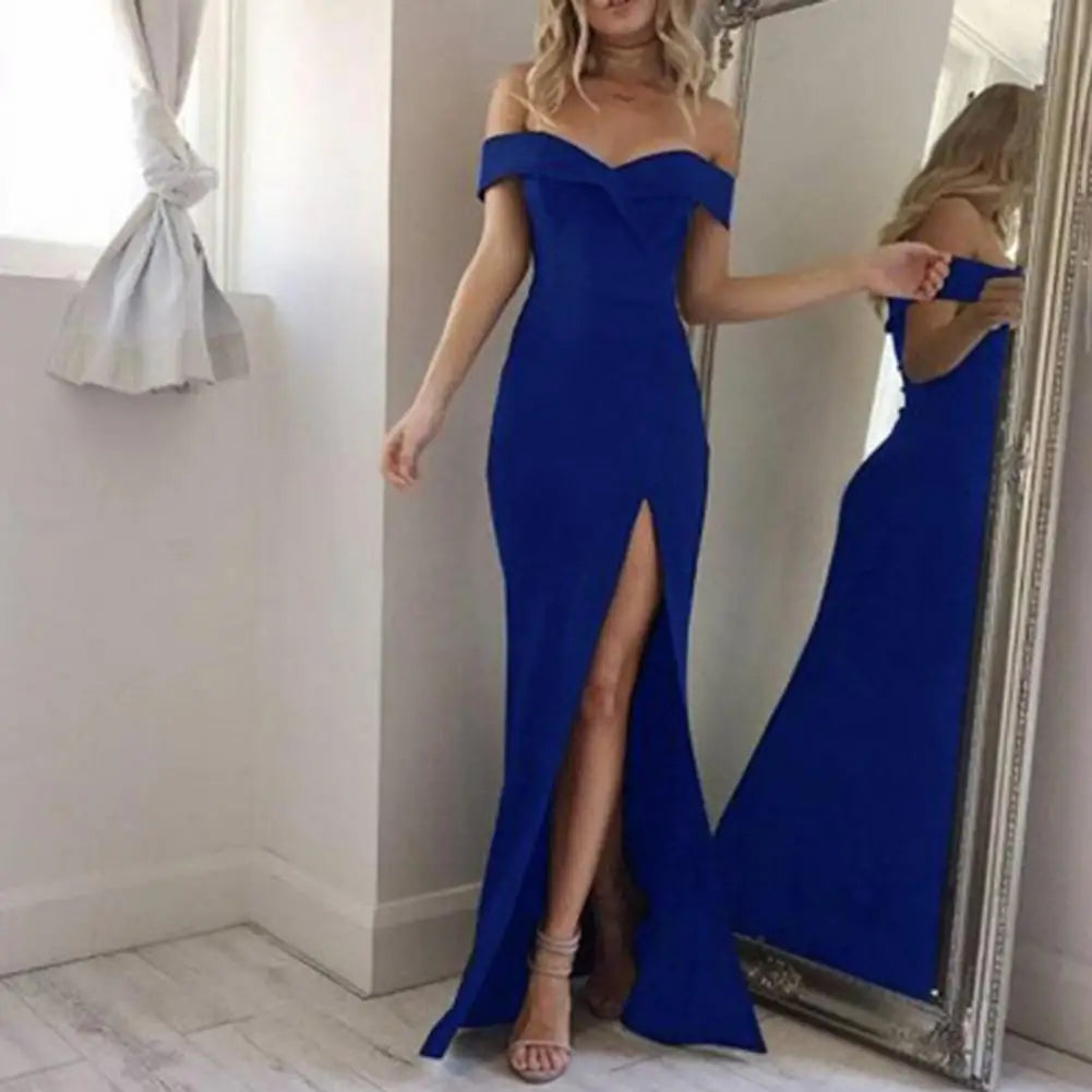 Trägerloses, schulterfreies Damenkleid, Abendkleid, tief ausgeschnittenes, ärmelloses, schmal geschnittenes Boycon-Kleid mit geteiltem Saum, Bankett-Party-Maxikleid