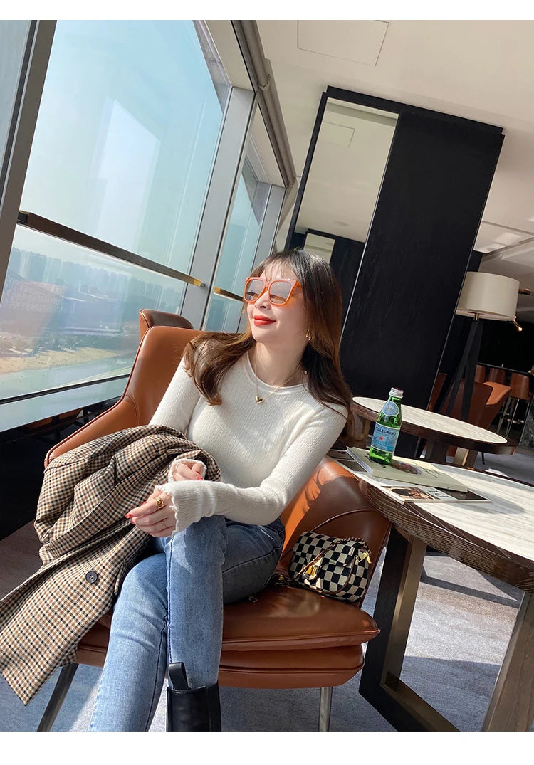 2025Oansatz Rippen Langarm Koreanische Dünne Weibliche Pullover Frauen Pullover Stricken Weiche Jumper Tops Geraffte Herbst Winter Tops