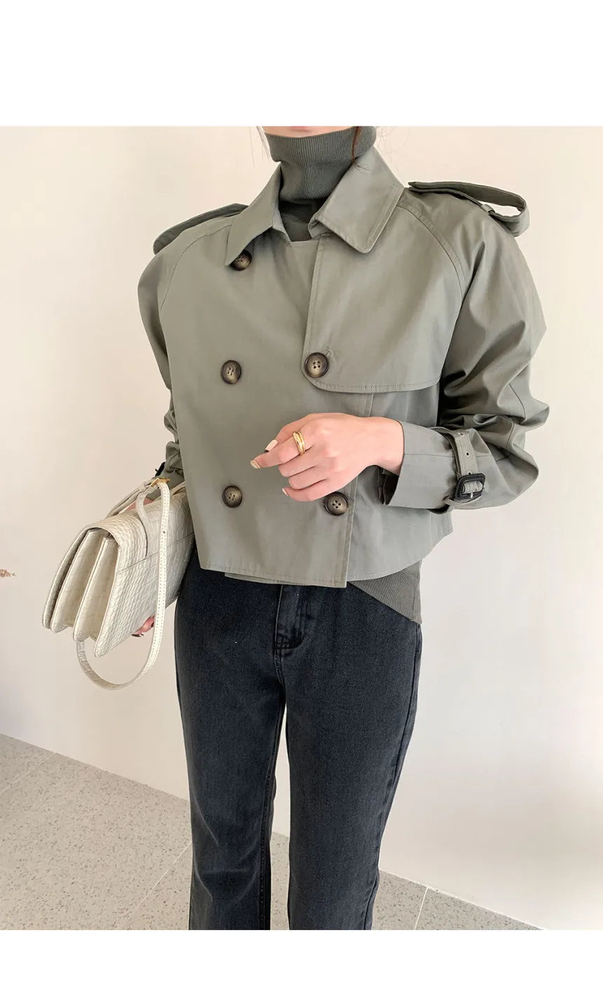 Vintage Zweireiher Graben Jacken Frauen Lose Chic Büro Dame Crop Tops Herbst Weibliche Mäntel Alle-spiel Lose Windjacke
