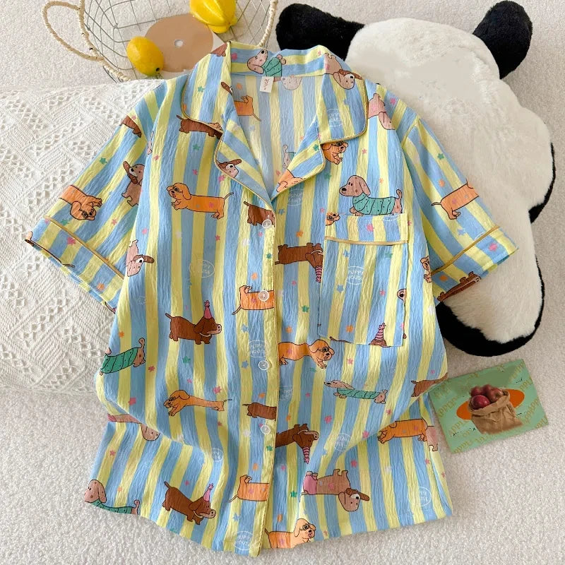 Stern Gestreiften Hund Druck Kawaii Pyjamas für Frauen Y2K Mode Revers Hals frauen Pyjamas Sommer Neue Süße Nette Hause tragen Frau.