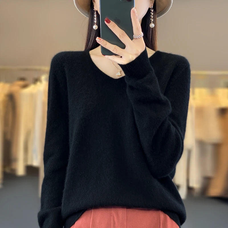 2024 100% Merino Reine Wolle V-ausschnitt Herbst Und Winter Pullover Pullover Neue Kaschmir Pullover frauen Beiläufige Gestrickte Top DMR201