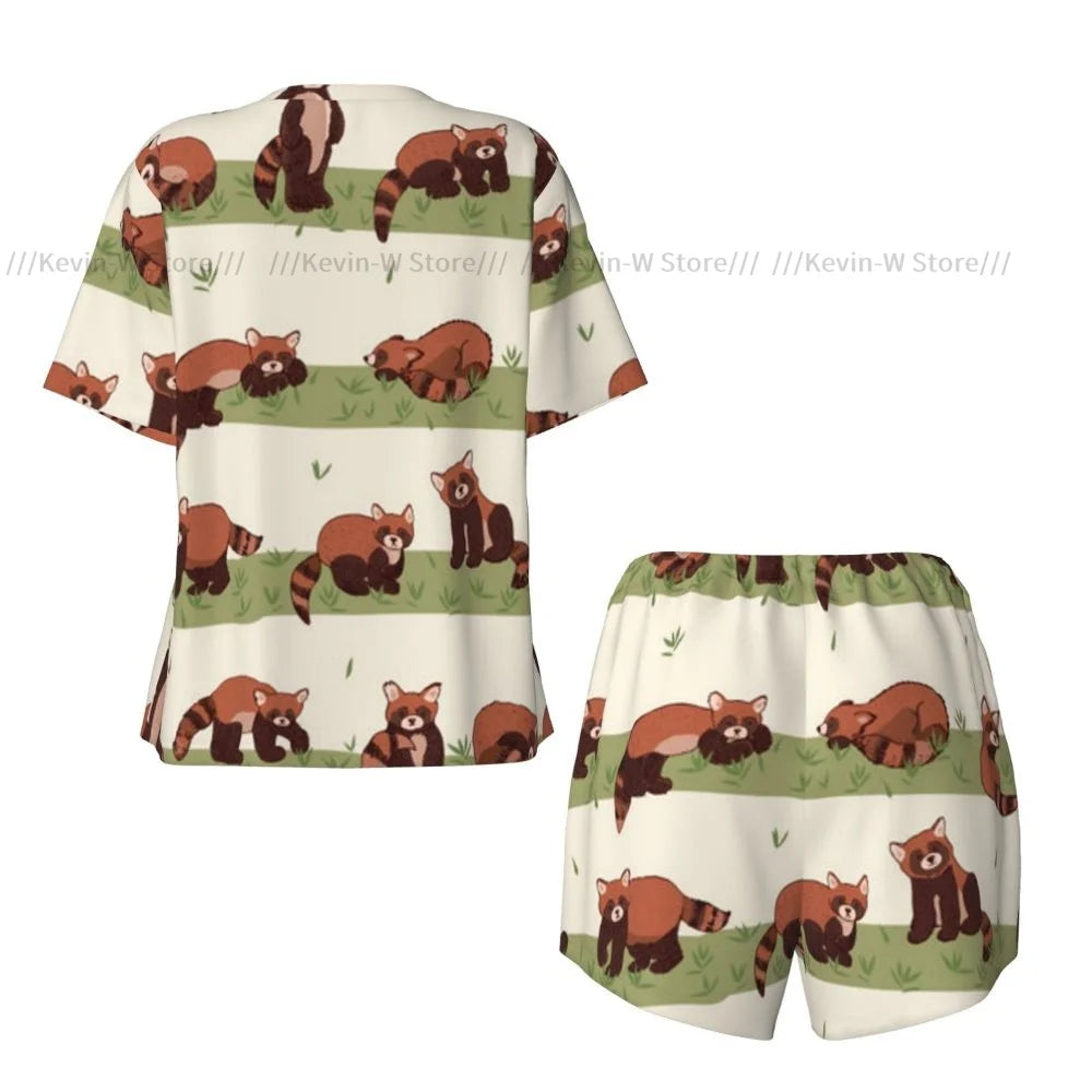 Damen-Pyjama mit kurzen Ärmeln, süßer roter Panda, 2-teilig, für Damen, Sommer-Nachtwäsche, Nachtwäsche, Homewear