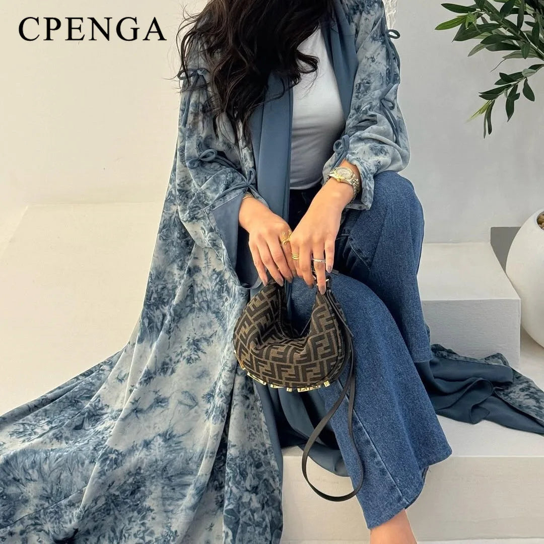 2025 sommer Arabisch Frauen Muslimische Kleidung Ramadan Dubai Offene Abaya Kleid mit Hijab Islam Gedruckt Chiffon 2 Stück Outfit