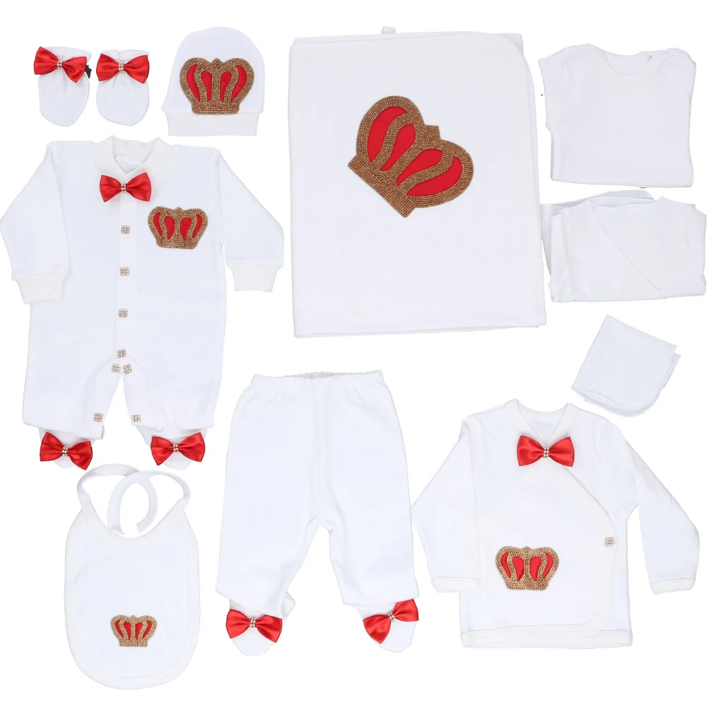 10-teiliges blaues 100 % Baumwollgewebe, gestrickt, Großhandel, individuell gestaltet, Neugeborene, neues Design, Winterkleidung, Kleidung, Luxus-Baby-Strampler-Set