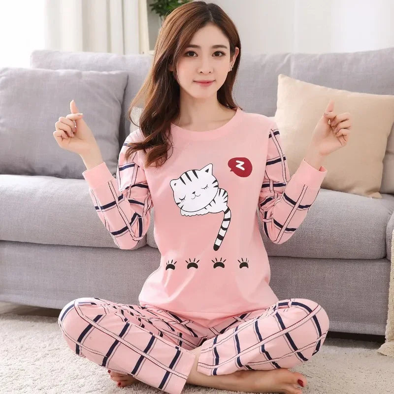 Herbst 2 stück Pyjamas Set Frauen Dünne Sexy Nachtwäsche Schöne Hause Anzug 2025 Rundhals Mädchen Teetasse Nachtwäsche Langarm pyjamas