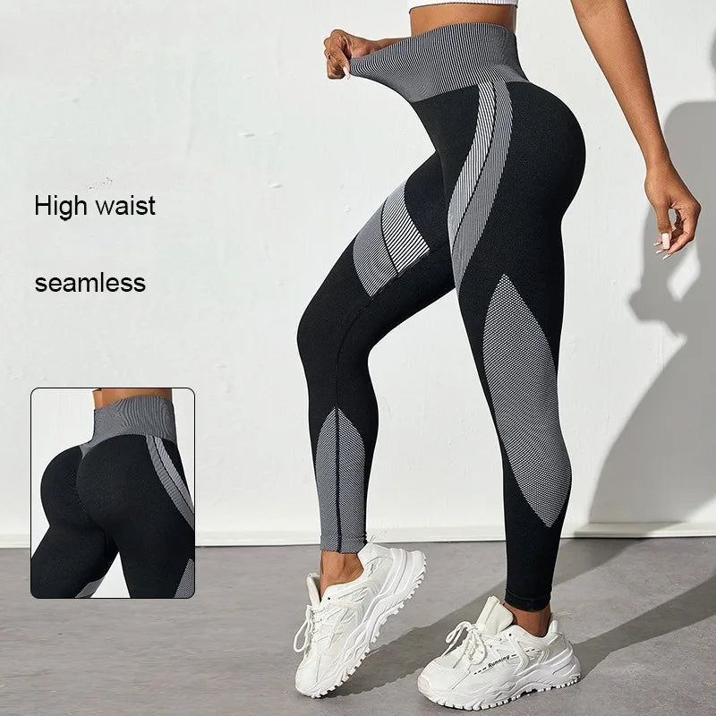Seamless Breathable High Waisted Contrasting Yoga Pants Women Tight Fitting Hip Lifting Black Long Striped Sports Yoga Leggings