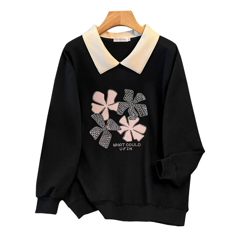 170 kg Plus Size Damen-Büste 170 Frühling Herbst Loose Diamond Collared Sweatshirt Schwarz 4XL 5XL 6XL 7XL 8XL 9XL
