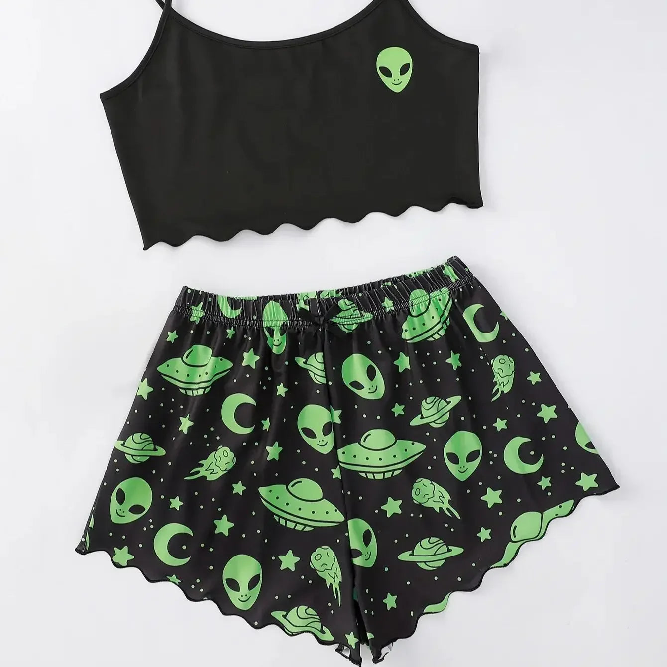Sommer-Pyjamas für Damen, sexy Alien-Druck, Schlinge, Nachtwäsche, V-Ausschnitt, Pyjama, Homewear, ärmellos, niedliches Top und Shorts-Sets