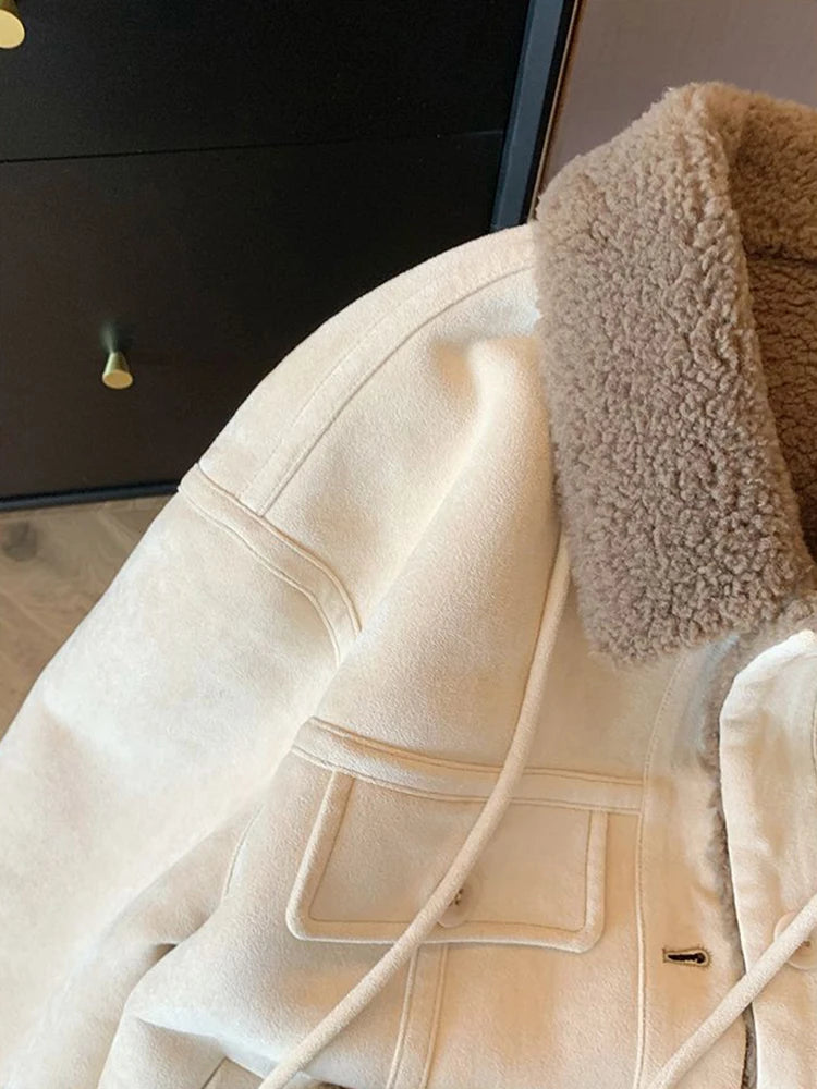Wildleder Samt Lamm Jacke Frauen Herbst Winter Dicke Warme Turndown Kragen Mantel Y2K Lose Streetwear Alle Spiel Langarm Outwear