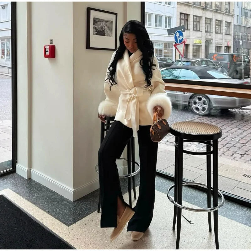 Frauen Mäntel Elegante Revers Plüsch Mit Gürtel Faux Pelz Hülse Tweed Offenen Mantel Weibliche 2025, Herbst Winter Mode Dame streetwear