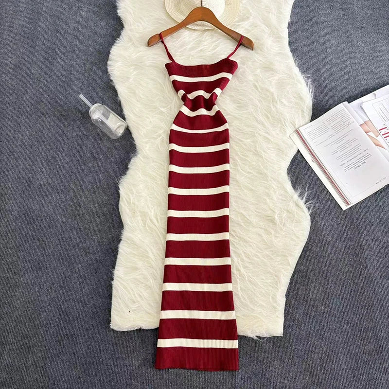 Sommer Streifen Elastische Bodycon Strap Kleid 2024 Sexy Strand Sommerkleid Frauen Beiläufige Dünne Bleistift Vestidos Maxi Langes Kleid.