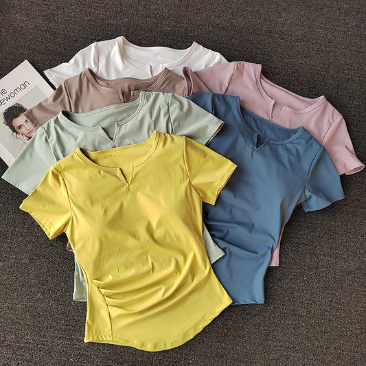 Women's Sports Shirts Yoga Short-sleeved T-shirt Padded Tight Training T-Shirt Breathable Quick-dry Running T-Shirt Fitness Top.