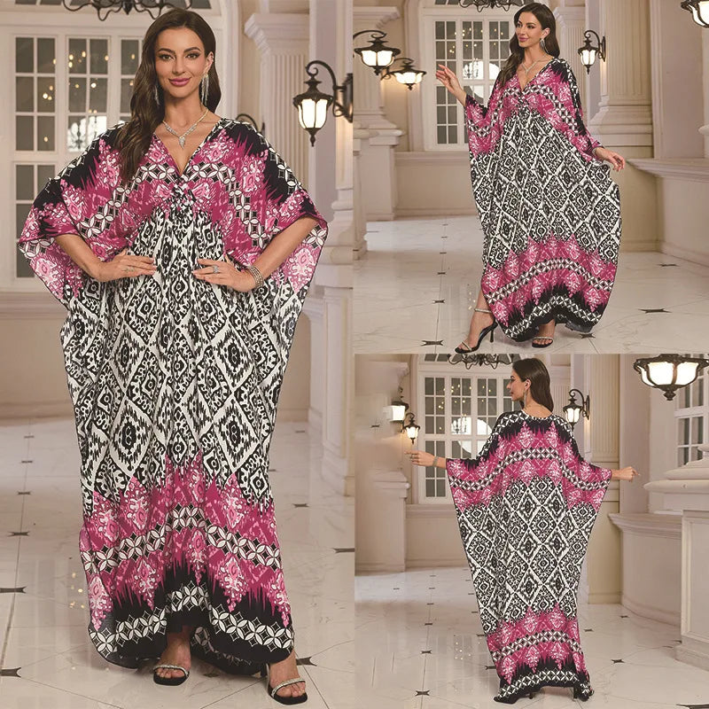 Kaftan-Kleider für Damen, Wellenhals-Badeanzug, Überwurf, Kaftan-Kleid, Übergröße, übergroßes langes Strandkleid