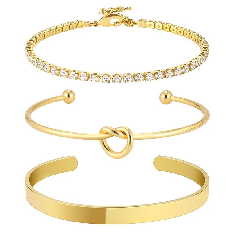 3pcs Stainless Steel Gold Plated Bracelets for Women Adjustable Jewelry Gifts Luxury Zircon Chain Bangles Jewelry Accessories.