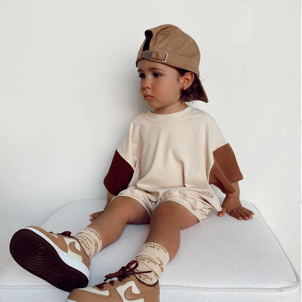2023 sommer Neugeborenen Baby Jungen Mädchen Übergroßen Strampler Kleidung 0-24M Patchwork Farbe Baumwolle Kurzarm Body Grundlegende overalls