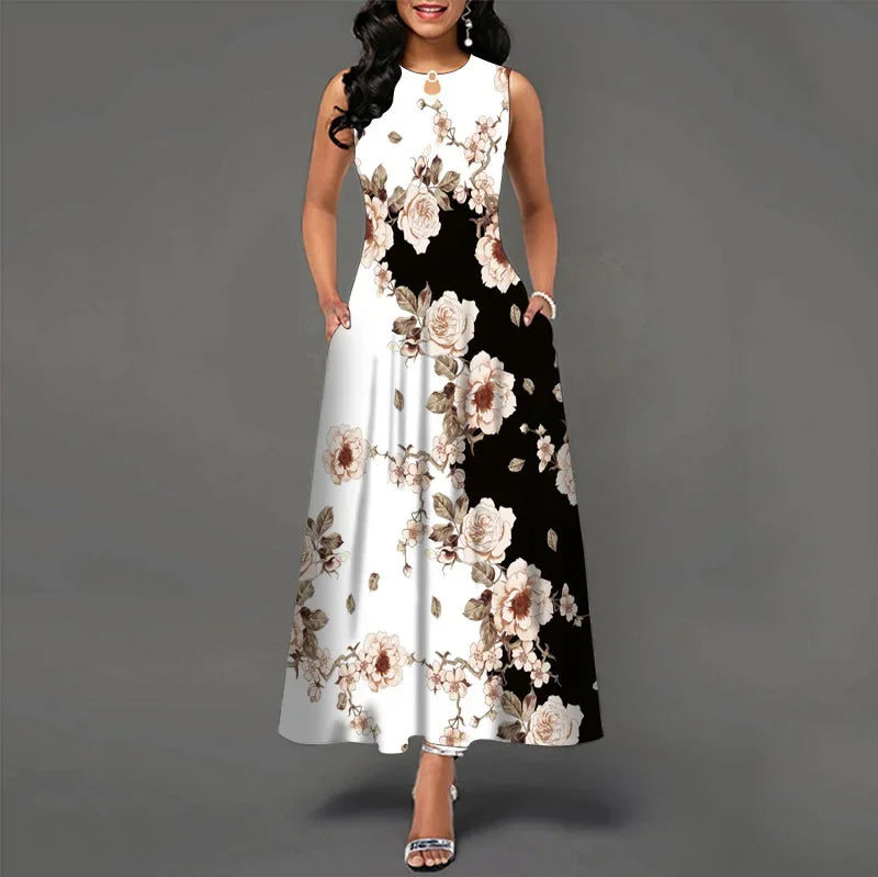 Blumendruck Neues lässiges ärmelloses langes Kleid Damen V-Ausschnitt bedrucktes Kleid Swing Bohemian Retro Kleider