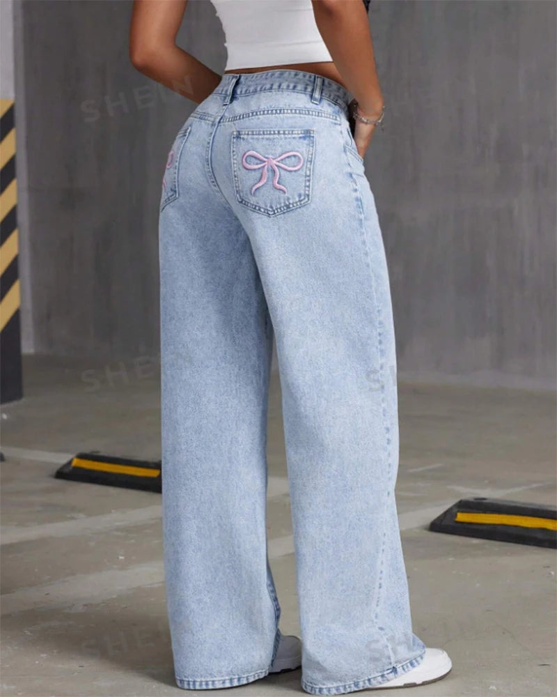 Women Wide Leg Boyfriend Jeans Straight Hip Hop Bow Embroidery Denim Pants Low Waist Baggy Jeans Casual Loose Jeans Streetwear.