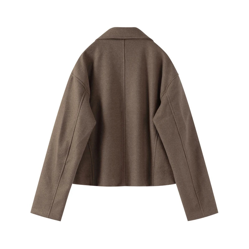 Mode Braun Zipper Woolen Jacke Für Frauen Elegante Revers Langarm Kurze Mäntel Weibliche Vintage Herbst Dame Straße Oberbekleidung
