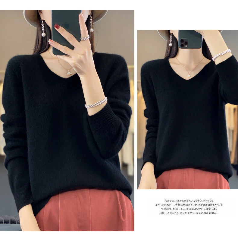 2024 100% Merino Reine Wolle V-ausschnitt Herbst Und Winter Pullover Pullover Neue Kaschmir Pullover frauen Beiläufige Gestrickte Top DMR201