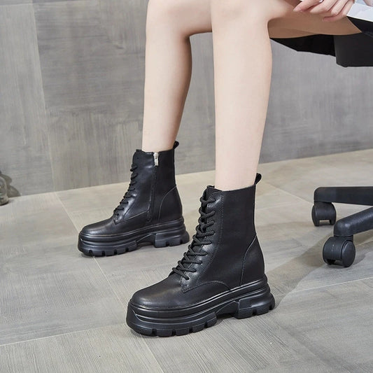 WOIZGIC Women Female Ladies Mother Genuine Leather Ankle Boots Shes Warm Autumn Winter Plush Zipper Motorcycle British Increase.