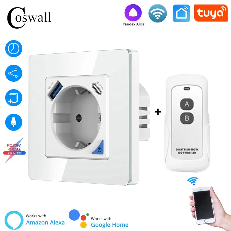 Alice Zigbee Tuya Smart EU-Wandsteckdose mit PD 20 W Typ C und einem Dual-USB-Schnellladegerät mit Power-Überwachungs-Glasplattenpanel