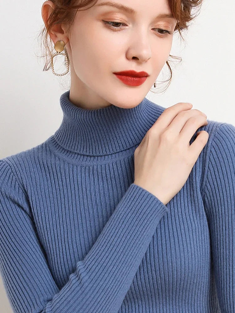 Frauen einfarbig lange Ärmel Roll kragen pullover Strick pullover grundlegende weiche Pullover einfache elegante Mode neu