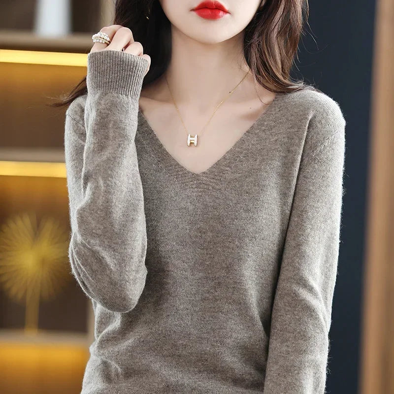Herbst Winter Frauen Pullover 2025, Koreanische Mode Strickwaren Warme Lange Hülse V-ausschnitt Stricken Pullover Slim Fit Bodenbildung Shirt Jumper