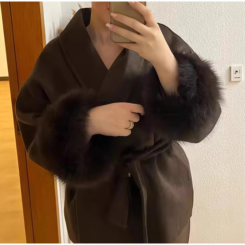 2025 Chic Revers Plüsch Mantel Mit Gürtel Frauen Vintage Feste Faux Pelz Hülse Tweed Offene Mäntel Weibliche Herbst Casual Straße outwear