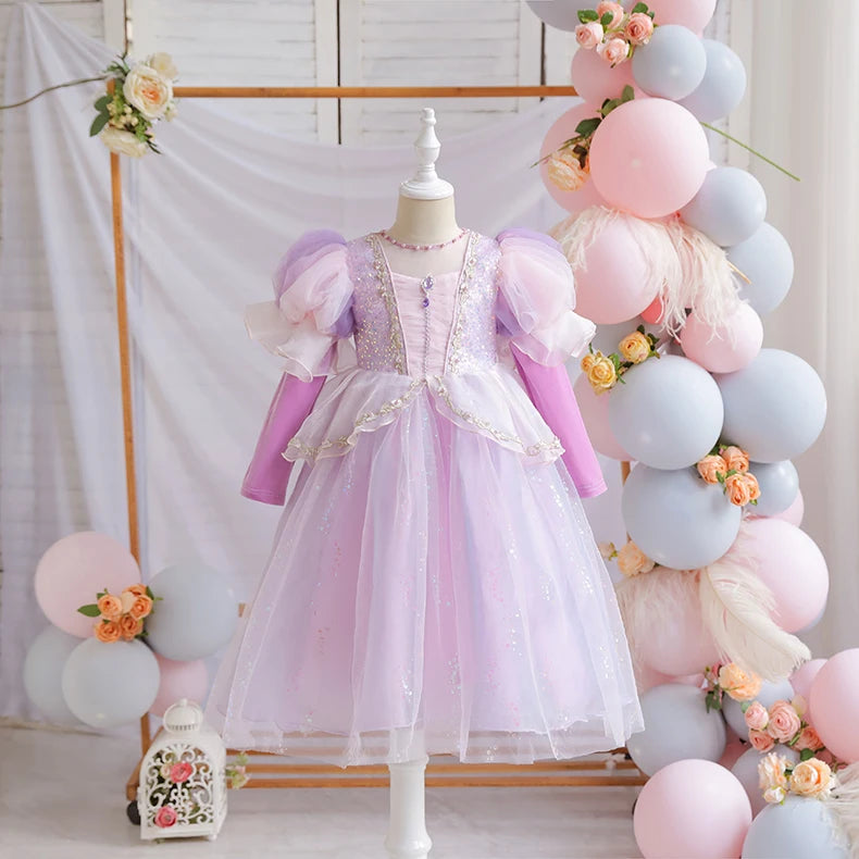 Wunderschönes Mädchenkleid, Puffärmel + lange Ärmel, Netzbedeckung, geeignet für Tänze, Partys, Auftritte, Host-Verkleidung