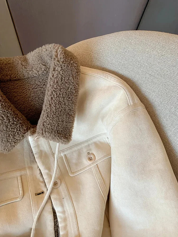 Wildleder Samt Lamm Jacke Frauen Herbst Winter Dicke Warme Turndown Kragen Mantel Y2K Lose Streetwear Alle Spiel Langarm Outwear