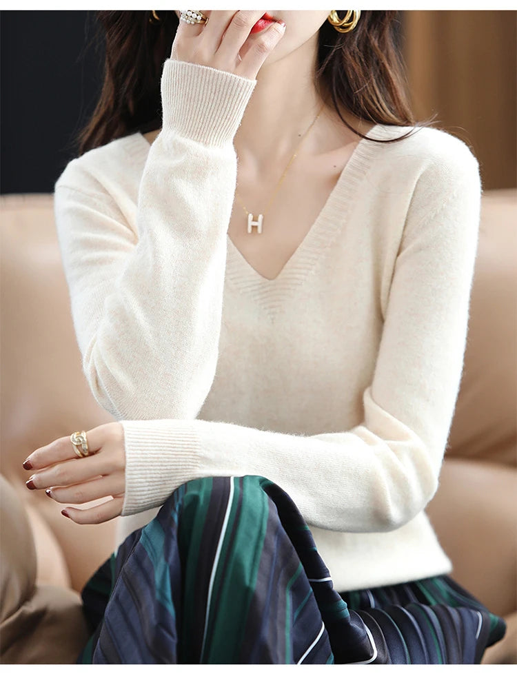 Herbst Winter Frauen Pullover 2025, Koreanische Mode Strickwaren Warme Lange Hülse V-ausschnitt Stricken Pullover Slim Fit Bodenbildung Shirt Jumper