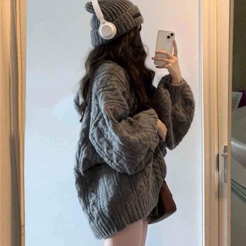 Herbst Winter Frauen Pullover Harajuku Übergroßen Gestrickte Pullover Koreanische Langarm V-ausschnitt Strickwaren Preppy Solide Lose Jumper