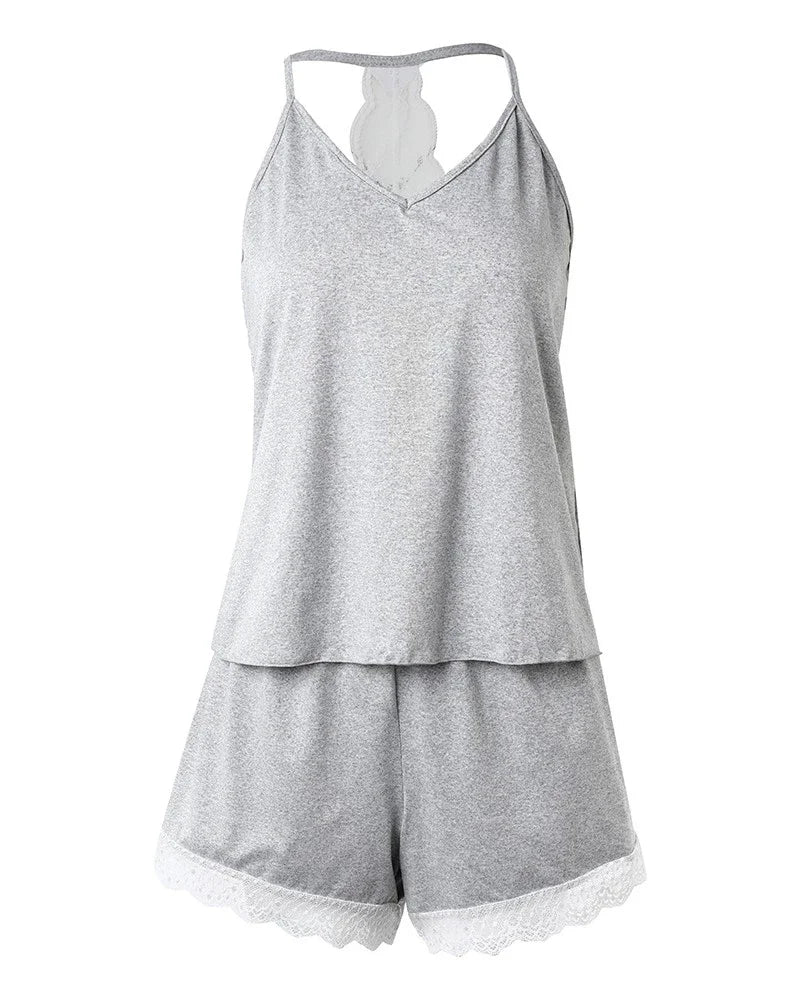 Damen-Pyjama mit Häkelspitze, 2-teilig, ärmellos, V-Ausschnitt, lässiger Nachtwäsche-Anzug, sexy, solide Heimkleidung, Sommerkleidung